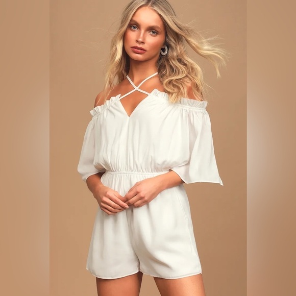 Lulus Catch Me Crushing White Off-the-Shoulder Romper - Picture 1 of 14